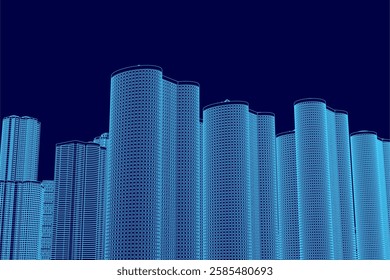 A blue cityscape with tall buildings and a blue sky. The buildings are tall and have a modern look. The sky is clear and bright, giving the impression of a sunny day