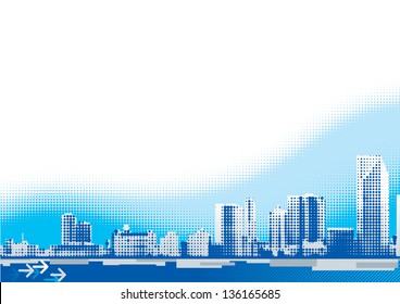Blue cityscape. Vector horizontal cityscape with many skyscrapers
