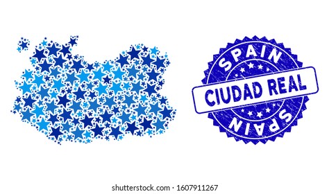 Blue Ciudad Real Province map collage of stars, and grunge rounded stamp. Abstract territory scheme in blue color tints. Vector Ciudad Real Province map is shaped of blue stars.