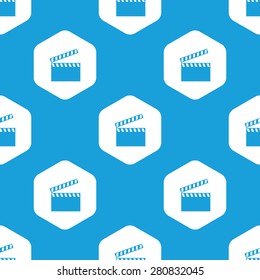 Blue clapperboard image in white hexagon, repeated on blue