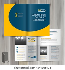 Blue classic brochure template design with yellow wave. Cover layout