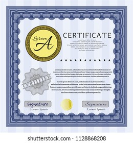 Blue Classic Certificate template. Artistry design. Vector illustration. With great quality guilloche pattern. 