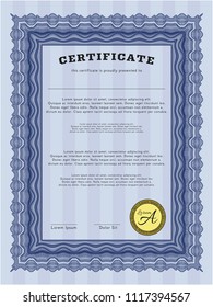 Blue Classic Certificate template. With complex linear background. Detailed. Retro design. 