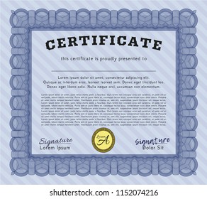 Blue Classic Certificate template. With complex linear background. Detailed. Money Pattern design. 
