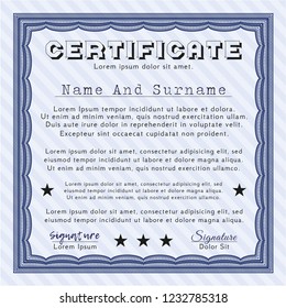 Blue Classic Certificate template. With complex background. Customizable, Easy to edit and change colors. Cordial design. 