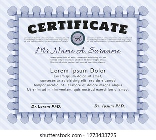 Blue Classic Certificate template. With complex linear background. Artistry design. Vector illustration. 