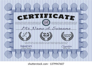 Blue Classic Certificate template. With complex background. Vector illustration. Money Pattern design. 