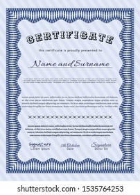 Blue Classic Certificate template. With complex background. Cordial design. Customizable, Easy to edit and change colors. 