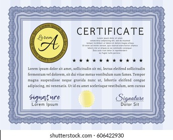 Blue Classic Certificate template. Complex background. Vector illustration. Money design. 