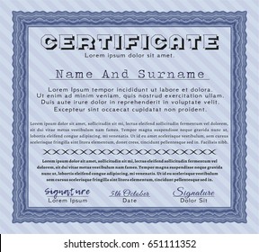 Blue Classic Certificate template. With complex linear background. Good design. Detailed. 