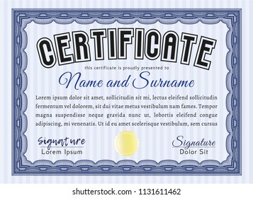 Blue Classic Certificate template. Cordial design. Customizable, Easy to edit and change colors. With complex background. 