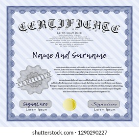 Blue Classic Certificate template. Customizable, Easy to edit and change colors. With guilloche pattern. Money style design. 