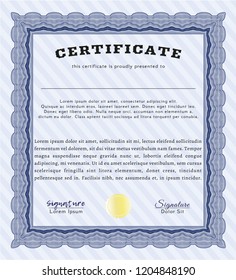 Blue Classic Certificate template. Detailed. With great quality guilloche pattern. Beauty design. 