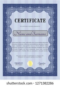 Blue Classic Certificate template. Detailed. With background. Money Pattern design. 