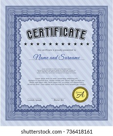 Blue Classic Certificate template. Detailed. With linear background. Elegant design. 