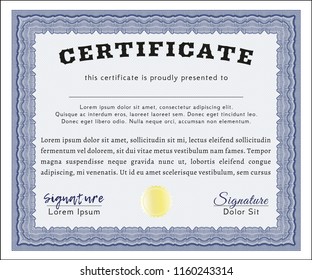 Blue Classic Certificate template. Easy to print. Nice design. Vector illustration. 