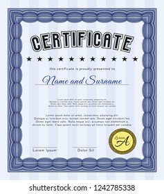 Blue Classic Certificate template. Easy to print. Customizable, Easy to edit and change colors. Money style design. 