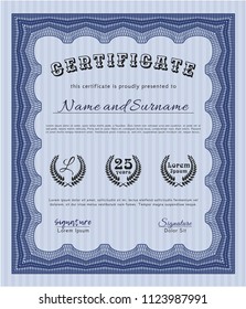 Blue Classic Certificate template. Elegant design. With linear background. Detailed. 