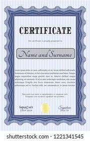 Blue Classic Certificate template. Elegant design. Vector illustration. With complex linear background. 