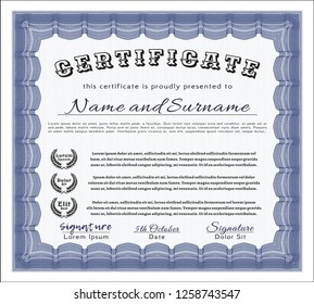 Blue Classic Certificate template. Elegant design. With guilloche pattern and background. Vector illustration. 