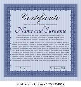 Blue Classic Certificate template. Elegant design. Printer friendly. Vector illustration. 