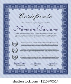 Blue Classic Certificate template. Good design. Vector illustration. With complex background. 