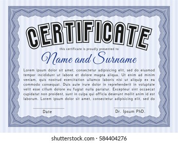 Blue Classic Certificate template. Good design. With complex linear background. Detailed. 