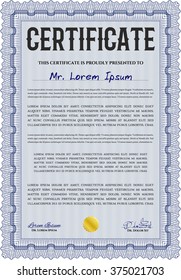 Blue Classic Certificate template. With great quality guilloche pattern. Money Pattern design. Award. 
