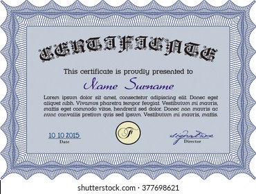 Blue Classic Certificate template. With great quality guilloche pattern. Money Pattern. Award. 