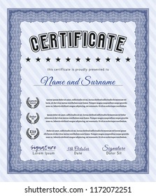 Blue Classic Certificate template. With guilloche pattern and background. Vector illustration. Modern design. 