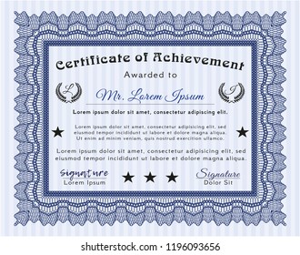 Blue Classic Certificate template. With guilloche pattern and background. Elegant design. Detailed. 
