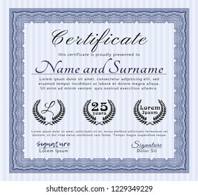 Blue Classic Certificate template. With guilloche pattern and background. Customizable, Easy to edit and change colors. Beauty design. 