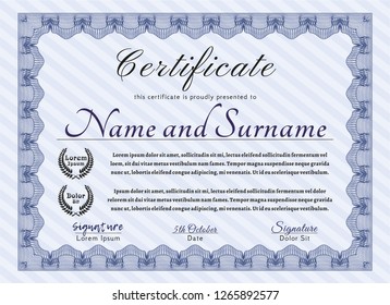 Blue Classic Certificate template. With guilloche pattern and background. Money Pattern design. Vector illustration. 