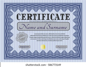 Blue Classic Certificate template. With guilloche pattern. Excellent design. Vector illustration. 