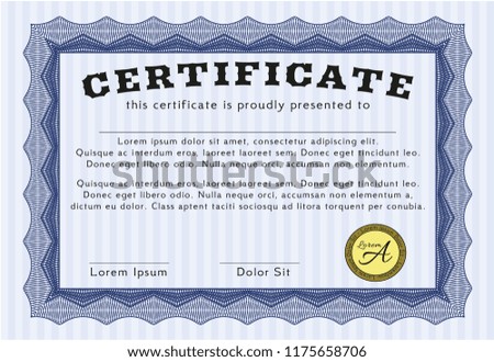 Blue Classic Certificate template. With guilloche pattern. Elegant design. Customizable, Easy to edit and change colors. 