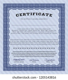 Blue Classic Certificate template. With linear background. Money style design. Detailed. 