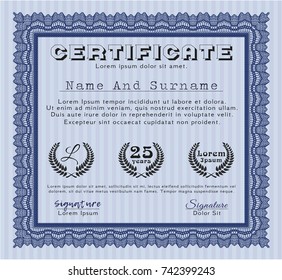 Blue Classic Certificate template. Modern design. Vector illustration. With linear background. 