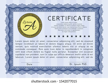 Blue Classic Certificate template. Nice design. Vector illustration. Complex background. 