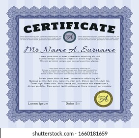 Blue Classic Certificate template. Nice design. Detailed. With guilloche pattern and background. 