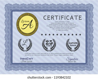 Blue Classic Certificate template. Printer friendly. Vector illustration. Money Pattern design. 