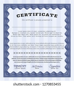 Blue Classic Certificate template. Printer friendly. Money style design. Detailed. 