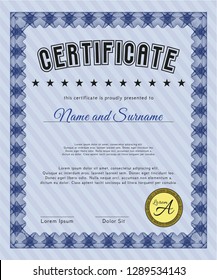 Blue Classic Certificate template. Printer friendly. Money design. Vector illustration. 