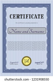 Blue Classic Certificate template. Sophisticated design. With background. Vector illustration. 