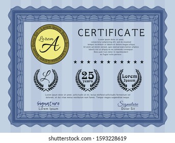 Blue Classic Certificate template. Sophisticated design. With great quality guilloche pattern. Vector illustration. 