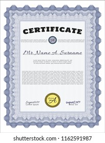 Blue Classic Certificate template. Vector illustration. With complex linear background. Nice design. 