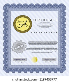 Blue Classic Certificate template. Vector illustration. With guilloche pattern. Money Pattern design. 