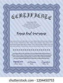 Blue Classic Certificate template. Vector illustration. With guilloche pattern and background. Money Pattern. 
