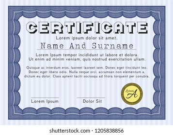Blue Classic Certificate template. Vector illustration. With linear background. Cordial design. 
