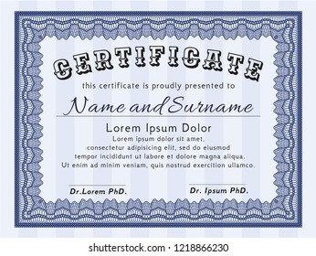 Blue Classic Certificate template. Vector illustration. With complex background. Cordial design. 