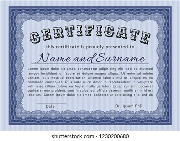 Blue Classic Certificate template. Vector illustration. Printer friendly. Excellent design. 